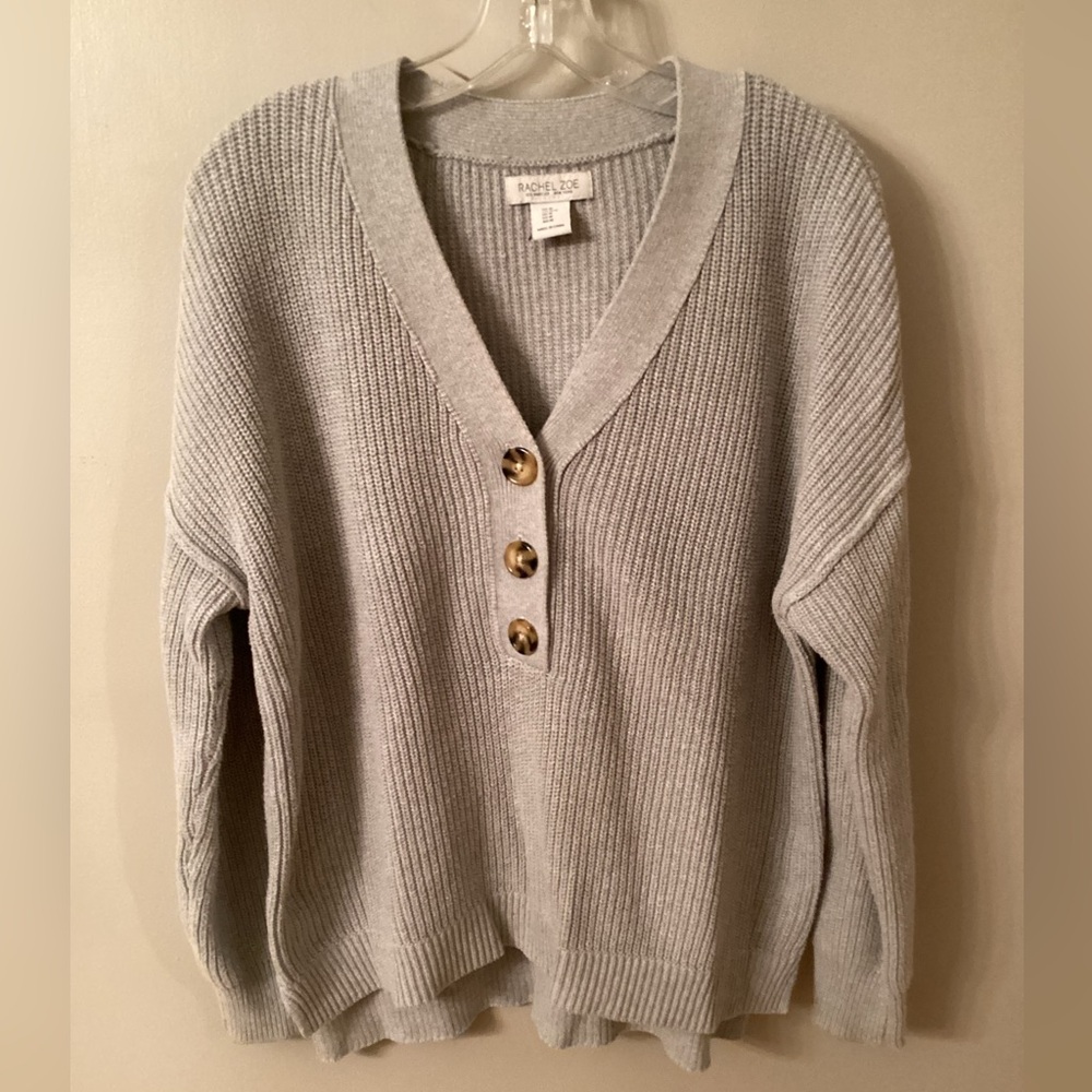 RACHEL ZOE SIZE MED LIGHT GREY V NECK COTTON BLEND HENLEY SWEATER